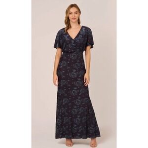Adrianna Papell Womens 2 Navy Floral Burnout Velvet Long Blouson Dress‎ Gown New